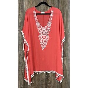 ADREAMLY Women's‎ L/XL Orange Pom Pom Trim Kaftan Chiffon Beach Cover Up Boho